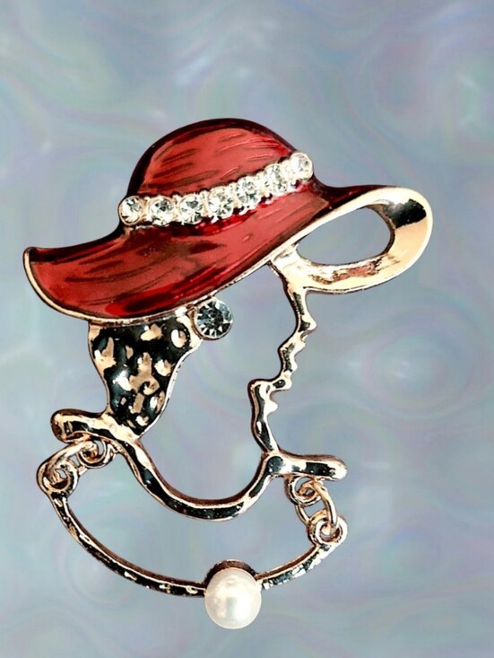 Jewelry - Elegant Red Hat Woman Silhouette Brooch